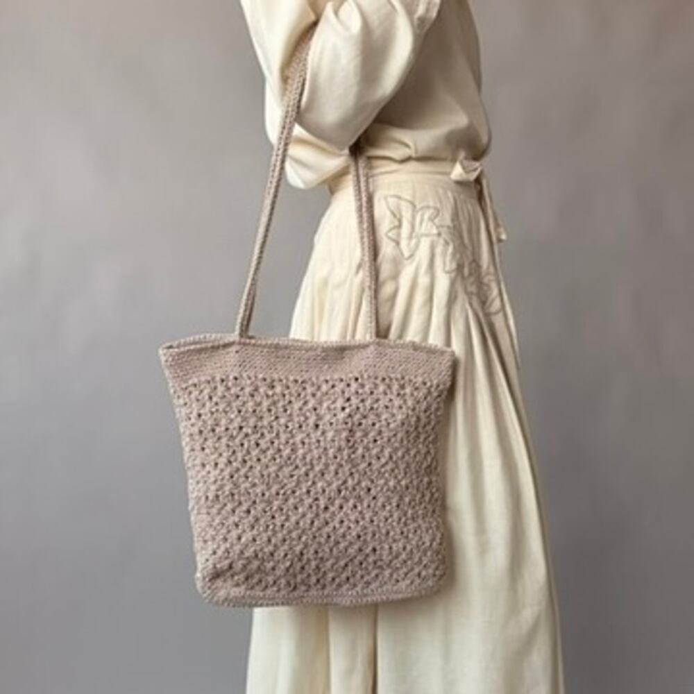 Vintage 90s Handmade Crochet Tote Bag - Natural Beige Boho